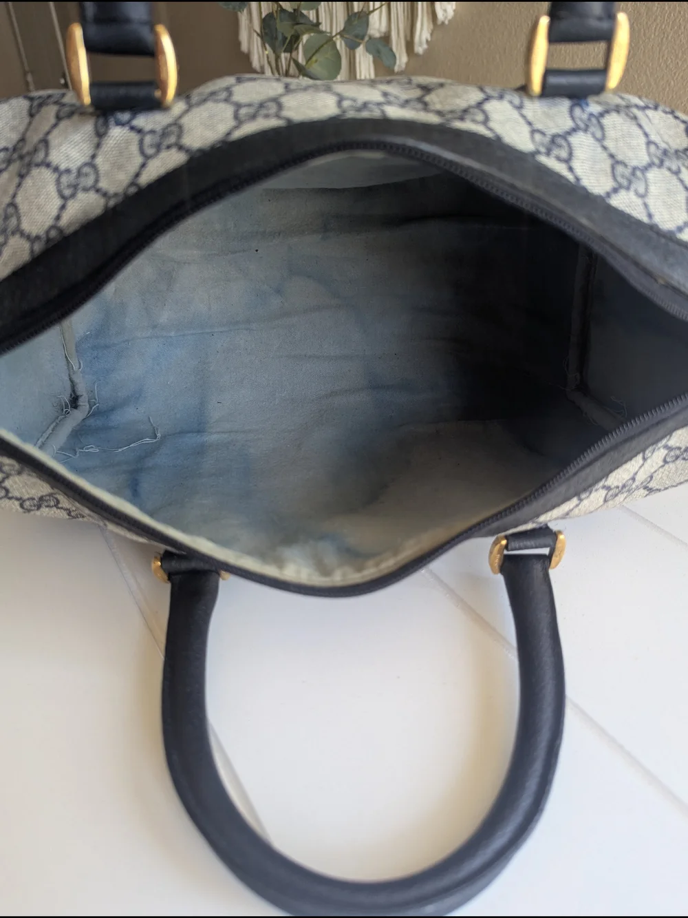 vintage 1980s Gucci Accessory Collection Navy GG Supreme Boston Bag.